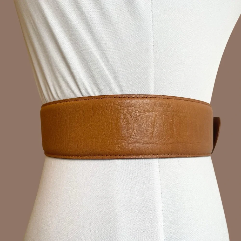 Wide Leather Belt Vintage Brown Croc Embossed Oversized Square Buckle Size S/M